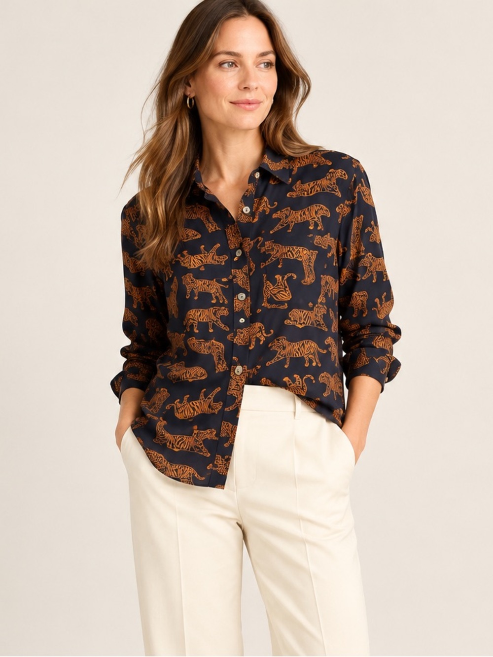 J.Crew Tiger Print Button-Down Shirt Blouse Navy Orange Size M
